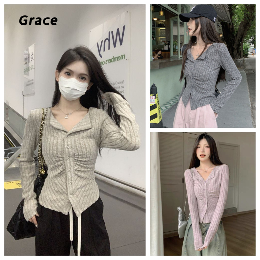 [Grace] เสื้อสเวตเตอร์แขนยาวปกเซ็กซี่ฤดูใบไม้ร่วงเวอร์ชั่นเกาหลี 2024 สไตล์ใหม่ Slim-Fit Slimmer ดูขนสัตว์จีบ G99978#