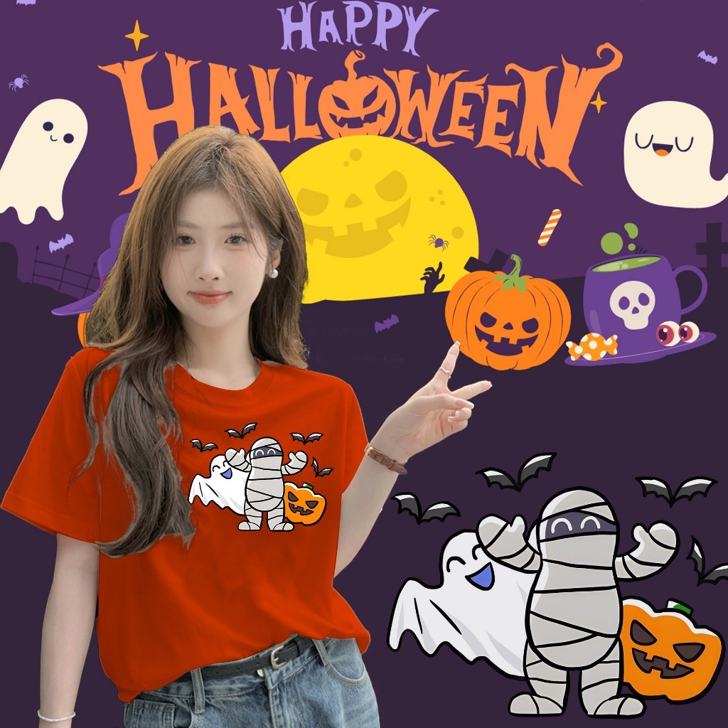ปกติ✨[พร้อมส่ง] แขนสั้น Mummy&Halloween ผ้าฝ้ายคุณภาพสูง ไม่หดหรือยับ Happy Halloween unisex shirt_H