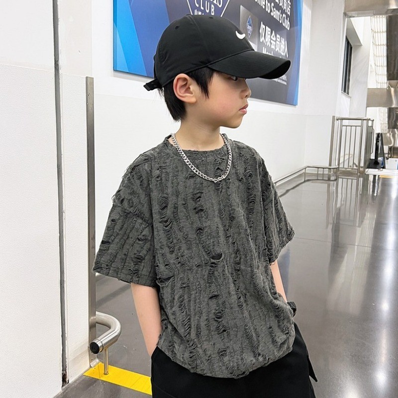 Kidเสื้อยืดรอบคอแขนสั้นบางหลวมTเสื้อธรรมดาHole Breaking Design Topsแฟชั่นเด็กสาวUnisexสวมใส่