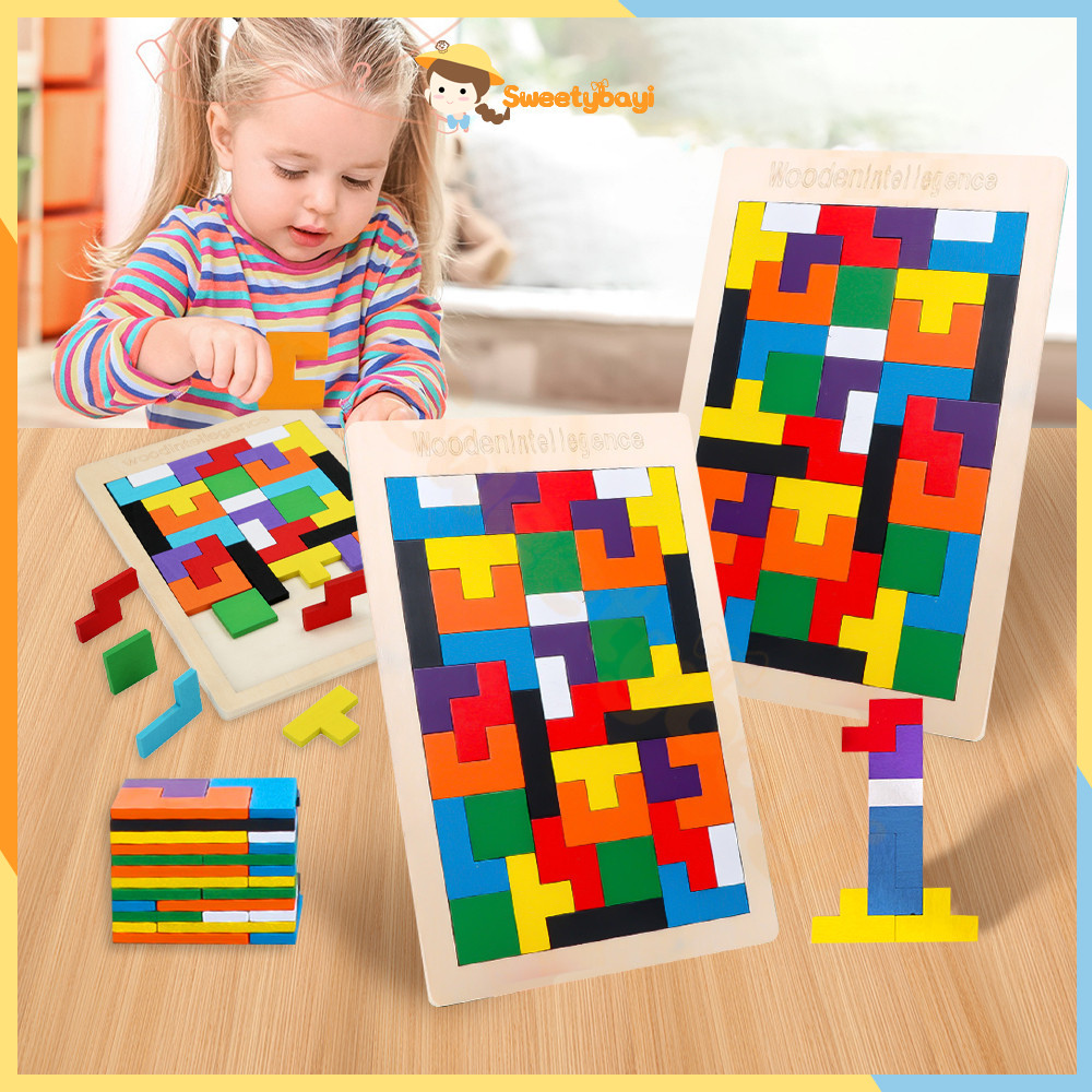 SWEETYBAYI ของเล่นไม้ จิ๊กซอว์ไม้ เกมปริศนา-Tetris-ไม้ของเล่นเพื่อการศึกษาสำหรับเด็ก ตัวต่อไม้