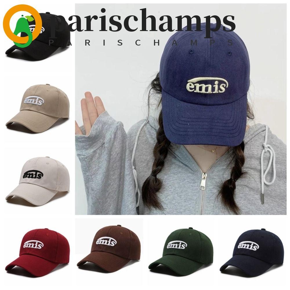 Parischamps emis หมวกเบสบอล, หมวกกันแดดปักลายตัวอักษรสไตล์เกาหลี, หมวกเบสบอลผ้าฝ้ายอเนกประสงค์ หมวกกันแดด หมวกยอดแหลมสาว