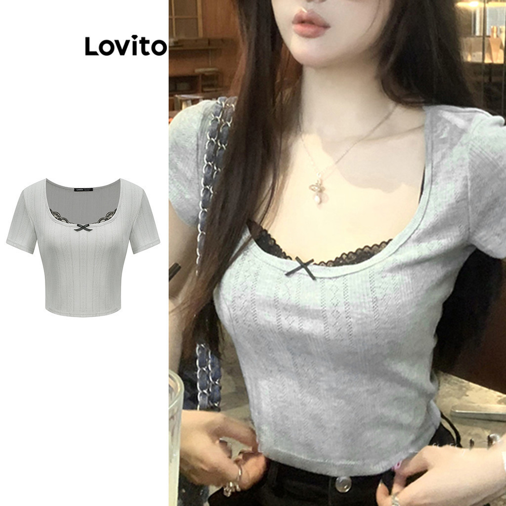Lovito เสื้อยืดผู้หญิง ลูกไม้ ผ้าเย็บต่อ แต่งโบว์ สีพื้น สไตล์น่ารัก L94AD030