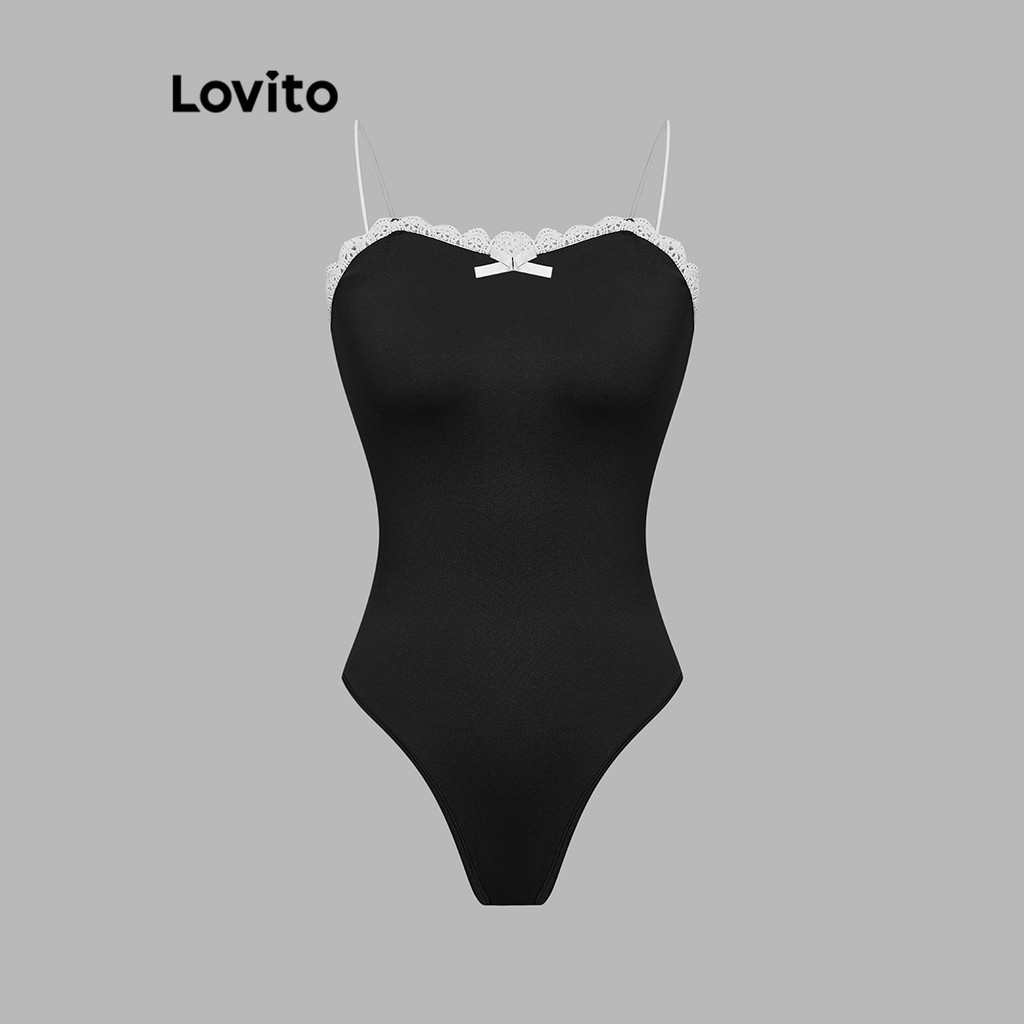 Lovito ชุดบอดี้สูทโบว์ธรรมดาสำหรับผู้หญิง L99ED990