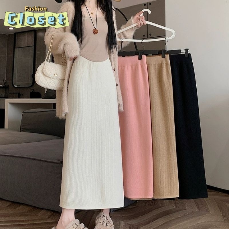 Cilset🛒พร้อมส่ง🎀ผู้หญิงเ กระโปรงยาว ไหมพรมผ้าร่อง สีพื้นทรงตรง/F42