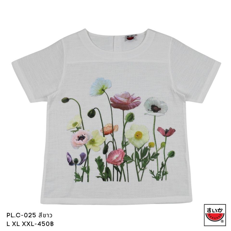 แตงโม (SUIKA) - เสื้อแตงโม คอปาดแขนสั้น ผ้าสลาฟ พิมพ์ลายดอกไม้ ( PL.C-025 113 122 131 140 144 147  )