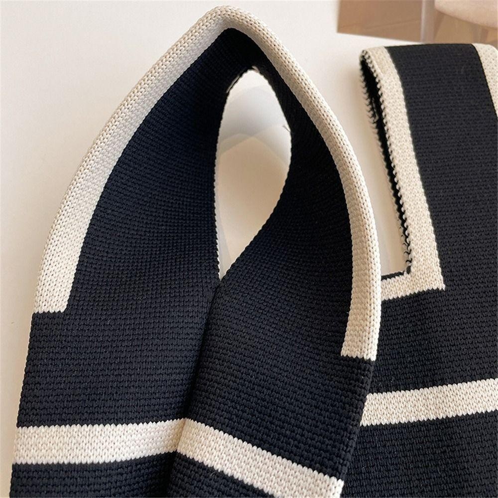 HOBBYIN Knit Handbag Reusable Casual Wide Stripe Handmade Plaid Tote Bag