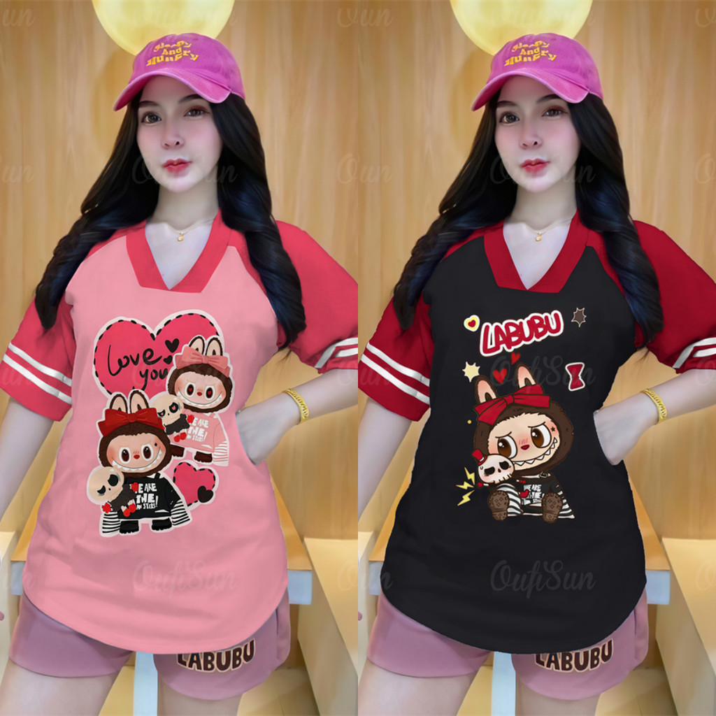 Labubu พรีเมี่ยมเสื้อ LADIES และ MENS/UNISEX สวย V คอเสื้อขนาดใหญ่แขนสั้นผู้หญิงs เสื้อยืด LABUBU พิมพ์เสื้อยืด 2567 ผู้หญิงs เสื้อ