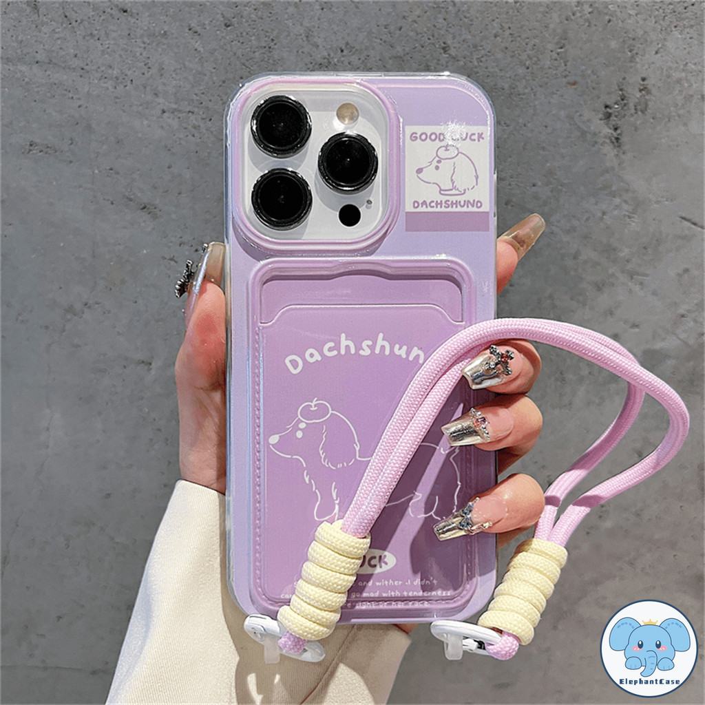 การ์ตูนสีม่วง Dachshund เข้ากันได้กับเคสไอโฟน 13 11 16 15 XR 14 12 Pro Max 7 8 Plus X XS Max SEเชือกกระเป๋าสตางค์บัตรเคส