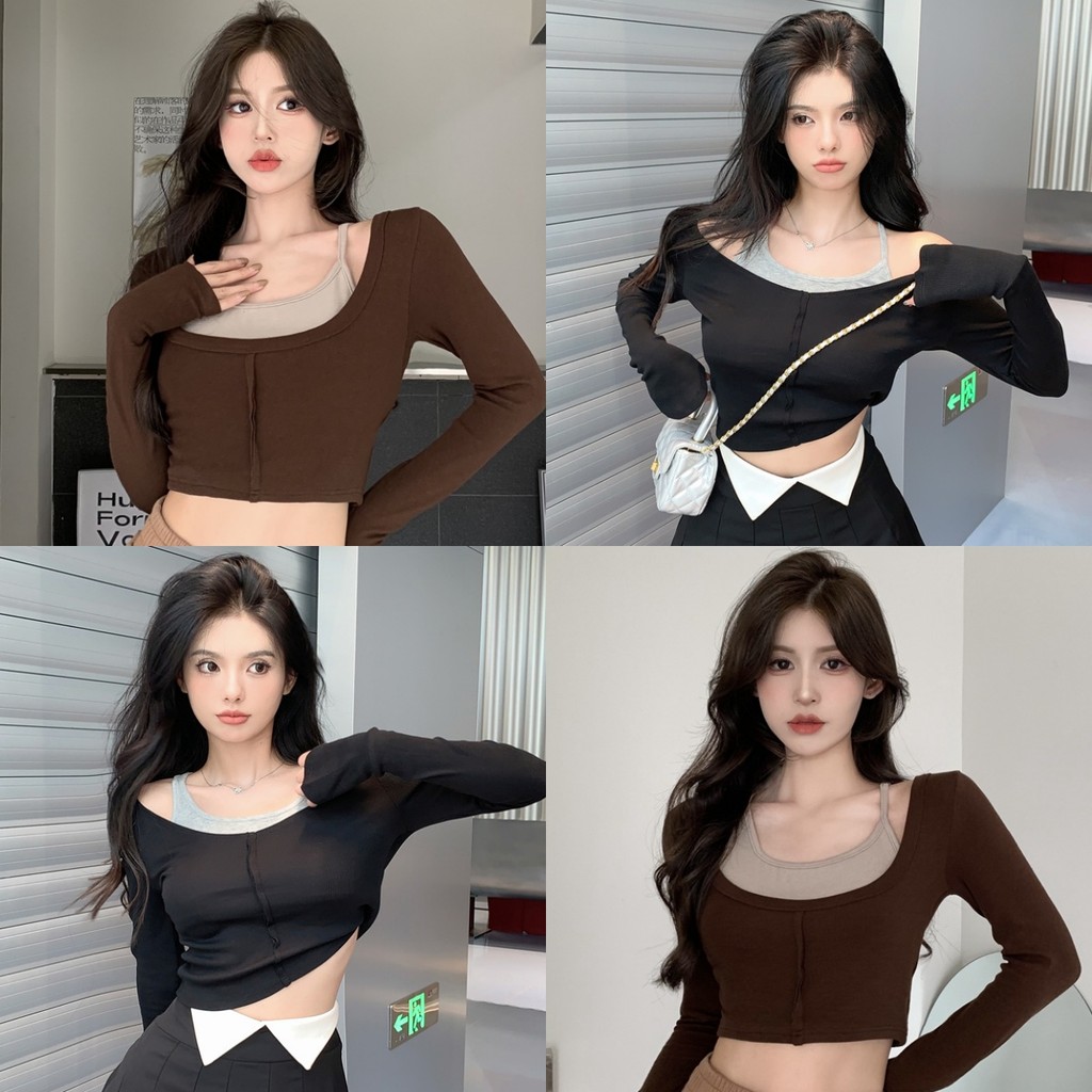 Anne เสื้อยืด แต่งสองชั้น แขนยาว คอกลม ผ้านิ่ม ยืด เสื้อครอป สไตล์เกาหลี ใส่สบาย น่ารัก #FY031