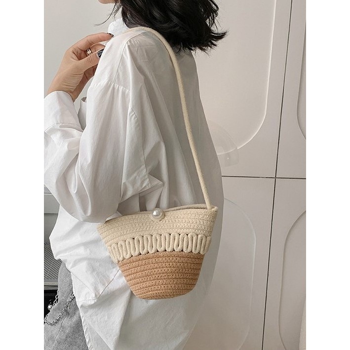 พร้อมส่ง กระเป๋าเชือกถักมุก เล่นลาย เชือกฝ้าย สายยาว งานเกรดพรีเมี่ยม P283