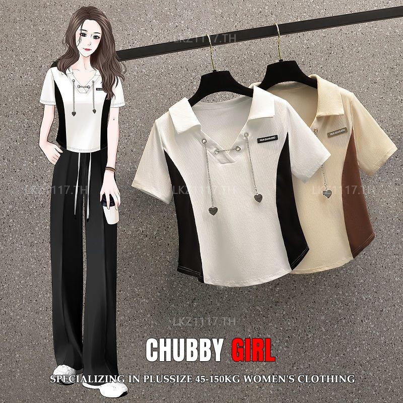 Plus size เสื้อผ้าสาวอวบ เสื้อยืดสาวอวบอ้วน ไซส์ใหญ่ ผู้หญิง เสื้อโปโล ทรงหลวม แขนสั้น คอปก พิมพ์ ฤดูร้อน สไตล์เกาหลีแฟชั่น
