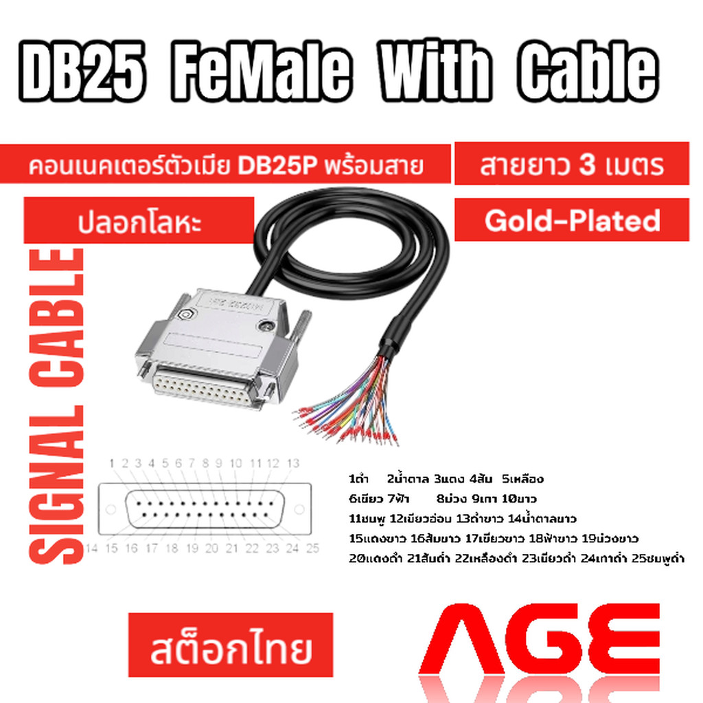 สายสัญญาณ DB25 FeMale With Cable 3M ,คอนเนคเตอร์ตัวเมีย DB25Pพร้อมสายยาว 3 เมตร