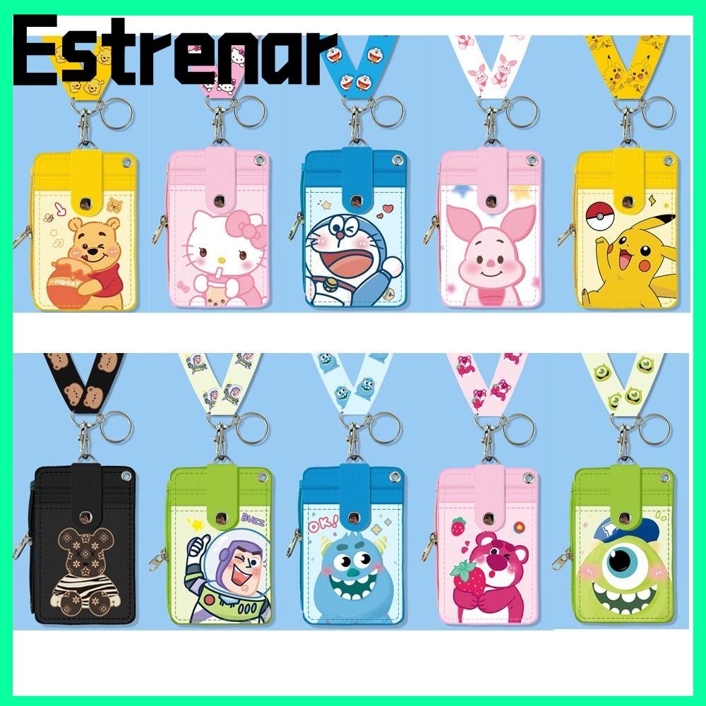 Estrenar ที่ใส่บัตรการ์ตูน พร้อมสายคล้อง ฝาครอบป้องกัน รหัส PU, ฝาครอบการ์ดด้านข้างซิปแบบพกพา 3 กระเป๋าผู้หญิงผู้ชาย