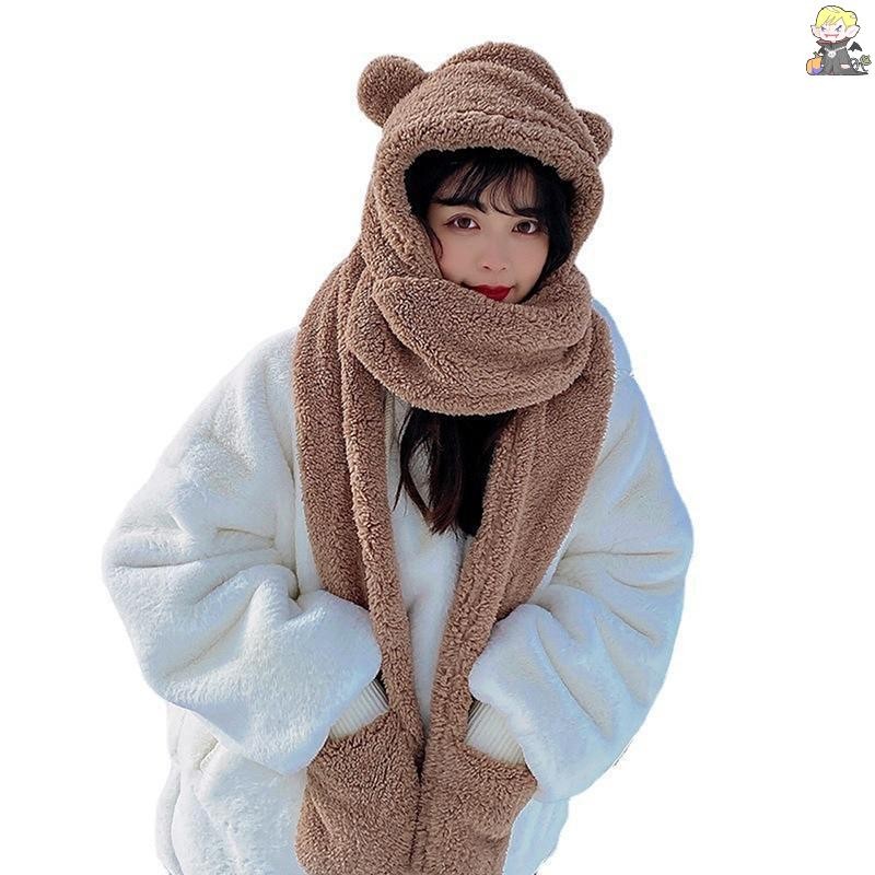 [CL] 1 ชิ้นหูหมีน่ารักหมวกผ้าพันคอถุงมือ 3-in-1 ฤดูหนาว Warm Hedging หมวกผู้หญิง Windproof Plush หมวกผ้าพันคอ TH