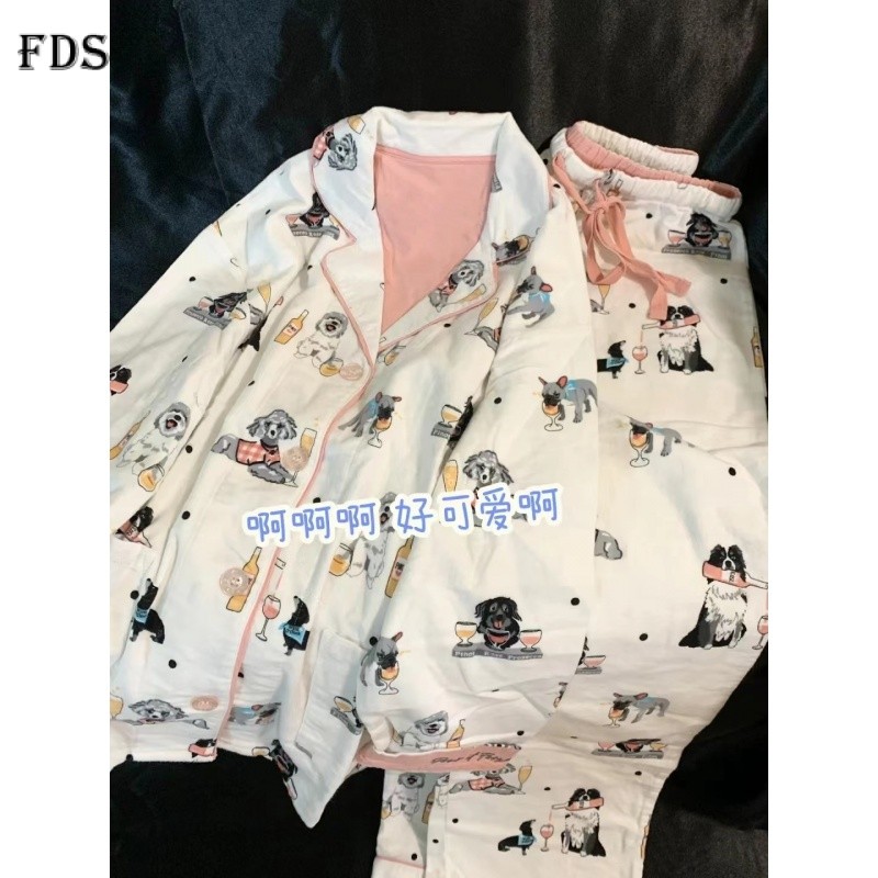 FDS ฤดูใบไม้ร่วงและฤดูหนาวสีขาวสุนัขแขนยาวกางเกงสูทหลวมและน่ารักแชมเปญสุนัขสตรี homewear ชุดนอน
