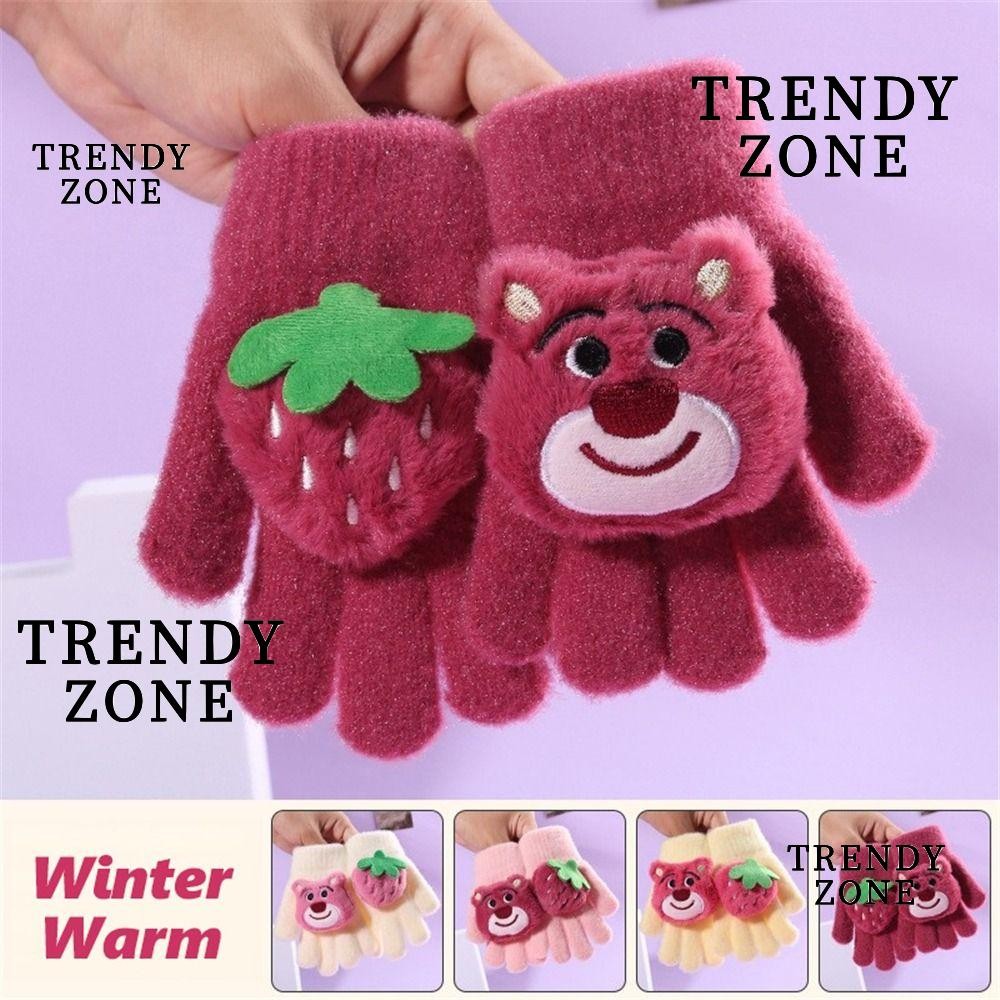 Trendyzone ถุงมือเต็มนิ้ว, ถุงมือเด็กหมีสตรอเบอร์รี่นุ่มสบาย 1-5 ปี, ถุงมืออุ่นสําหรับเด็กในฤดูหนาว