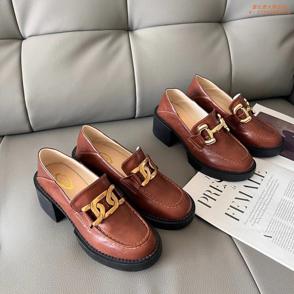 Tods สไตล์ใหม่หนาSoledรองเท้าผู้หญิงรอบToeอารมณ์ฤดูใบไม้ร่วงสไตล์อังกฤษรองเท้าไม่มีส้นหนังแท้