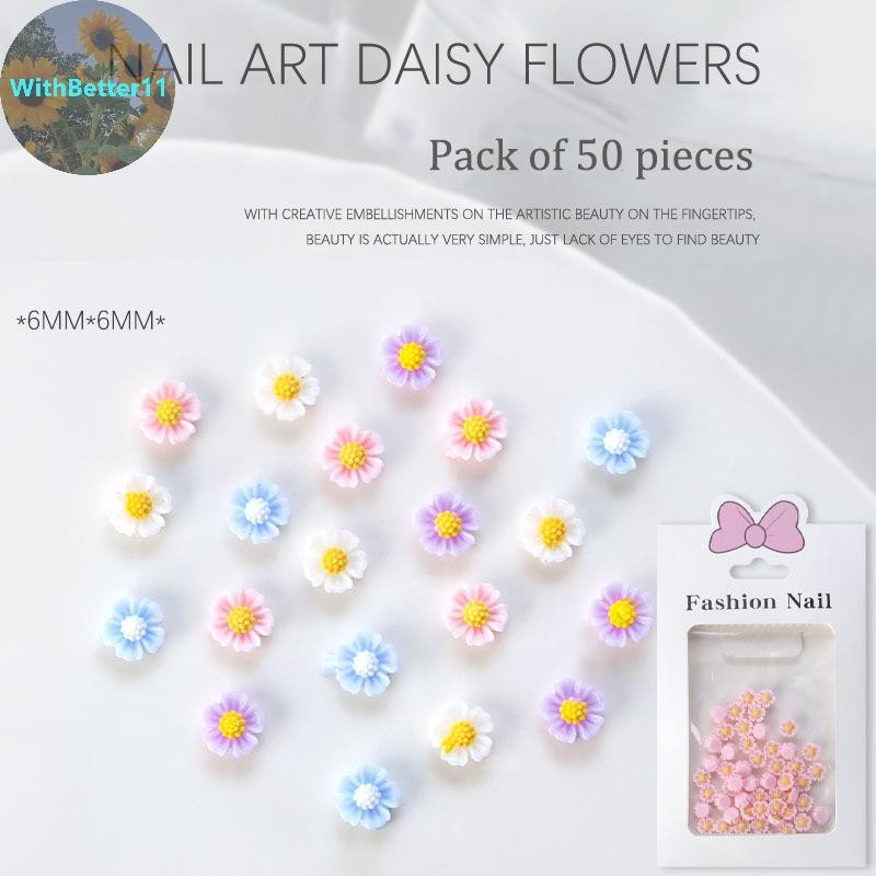 Better 50 ชิ้น 3D Mini Daisy Nail Art Ch อุปกรณ์เสริมตกแต่งเล็บวัสดุแบนกลับออกแบบ Diy เครื่องประดับเล็บ TH