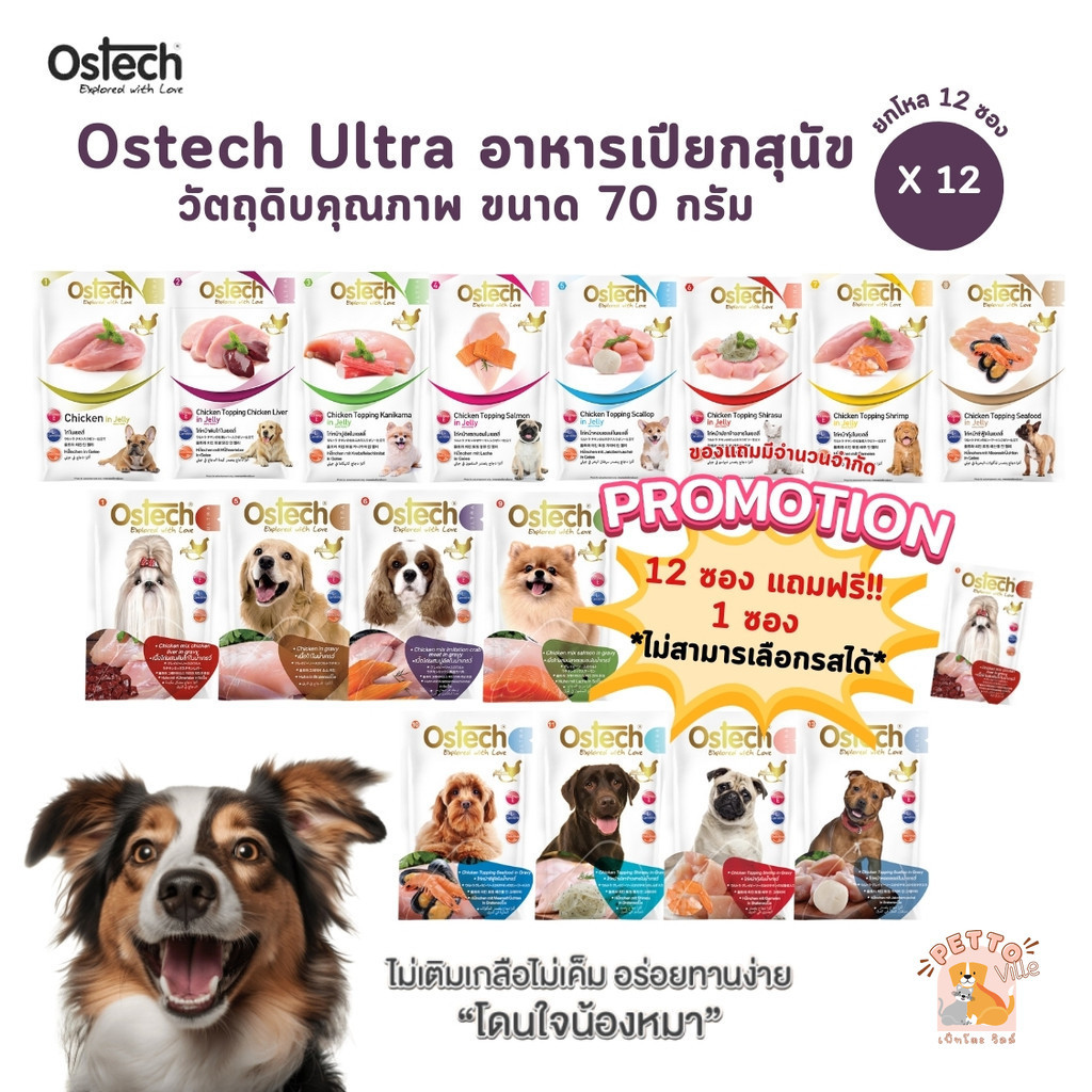 (12 แถม 1) Ostech Ultra อาหารเปียกสุนัข [12 ซอง] ออสเทค อัลตร้า ผลิตจากวัตถุดิบคุณภาพ ขนาด 70 กรัม
