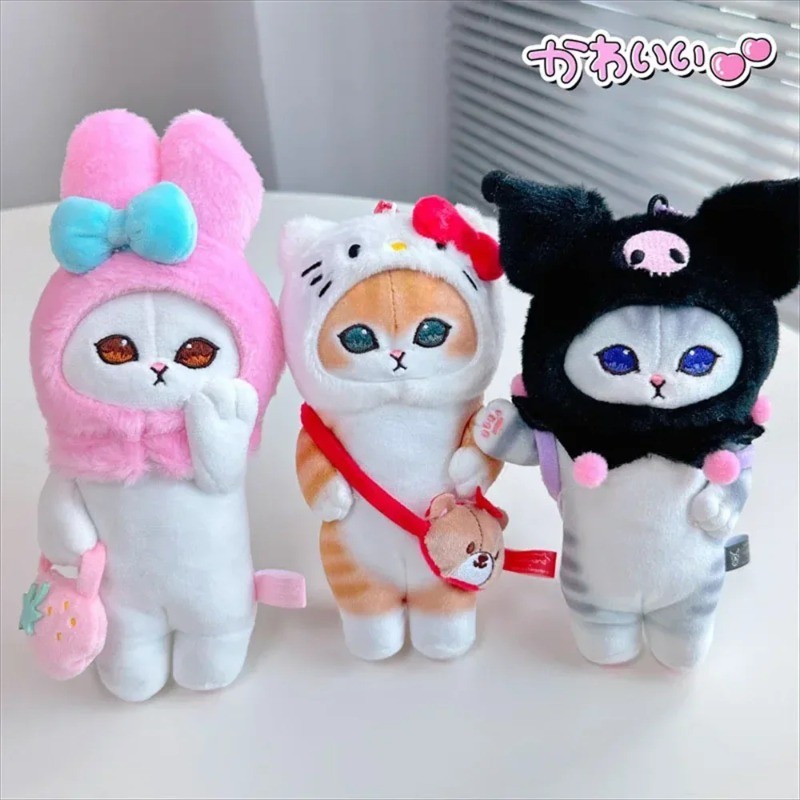 Kawaii Shark Cat Sanrio Plush ของเล่น Kuromi Hello Kitty Melody Cinnamoroll พวงกุญแจน่ารัก Mofusand Co แบรนด์กระเป๋าจี้