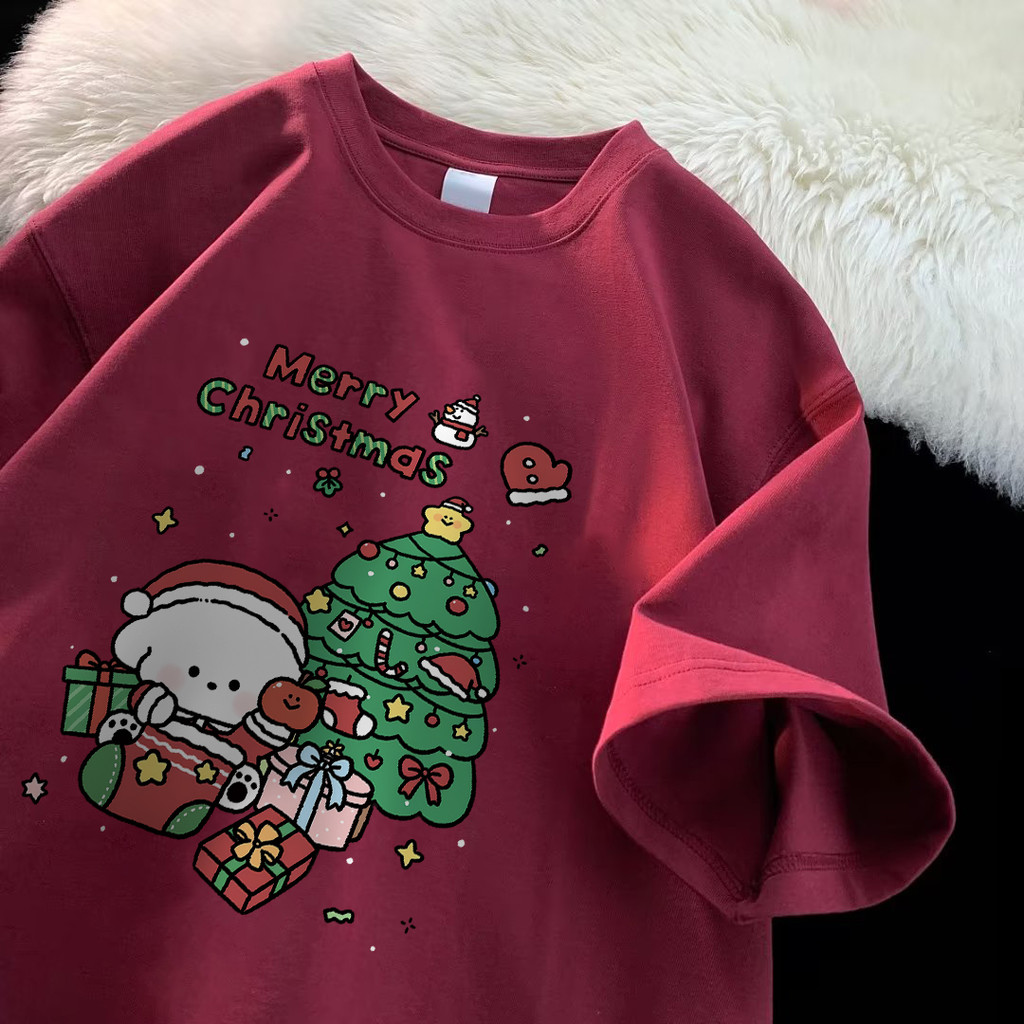 เสื้อ merry christmas Pofloret เสื้อยืดแดง oversize ผ้าฝ้าย100% เสื้อยืดพิมพ์ลายการ์ตูน #I001052