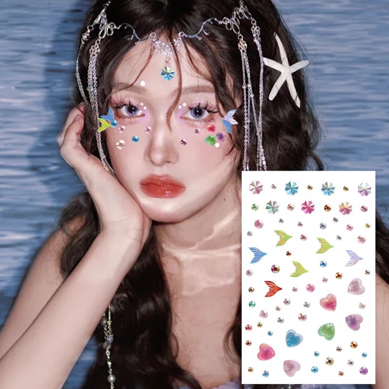 รอยสักชั่วคราว - สําหรับผิวหน้า ผม ดวงตา ร่างกาย - สติ๊กเกอร์เปลือกผีเสื้อสี - อัญมณีหน้านางเงือก - พลอยเทียม ใบหน้ากาวในตัว - พรรคเทศกาลแต่งหน้า - อัญมณีหน้า - รูปที่ 2