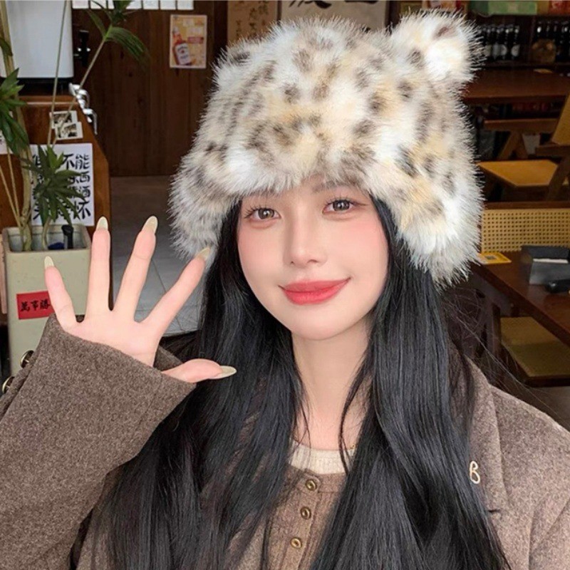 หมวกหูหมีพิมพ์ลายเสือดาว-อเนกประสงค์,แสดงใบหน้าขนาดเล็ก-สําหรับฤดูใบไม้ร่วงฤดูหนาวเก็บอุปกรณ์เสริมที่อบอุ่น-น่ารัก,การ์ตูน-กันลม,เลียนแบบ ลิ้งซ์ ขน-ตุ๊กตาป้องกันหูหม - รูปที่ 4