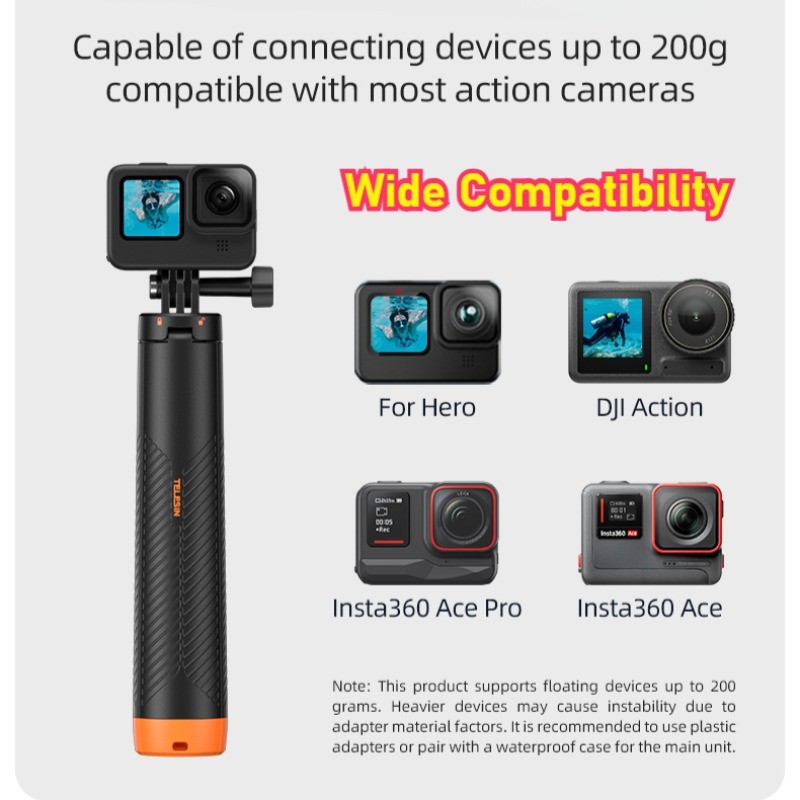 TELESIN ไม้เซลฟี่ลอยน้ําพร้อมขาตั้งกล้องสําหรับ Insta360 X5 /Ace Pro 2/DJI Action 5 Pro/Gopro 13