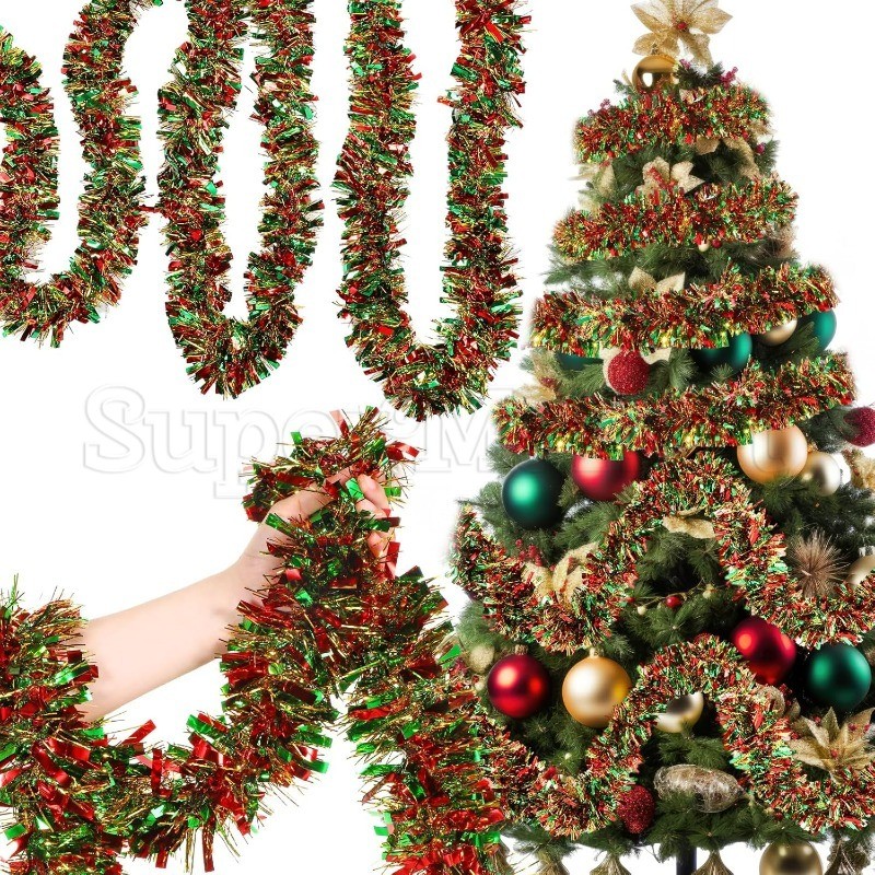 พวงมาลัย Tinsel Christmas - การตกแต่งพวงหรีดแขวนต้นคริสต์มาส - พวงมาลัยเกลียวโลหะหลากสี - พวงมาลัยฟอยล์แวววาวแขวนตกแต่ง - บ้าน, บันได, ในร่ม, เครื่องประดับกลางแจ้ง