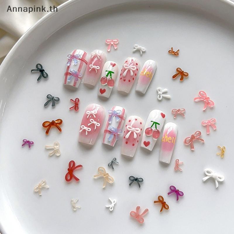 Annapink.th 50pcs เรซิ่น Bow Nail Charm Bulk คละไซส์ 3D ริบบิ้น Bowkont Mini Kawaii เล็บเครื่องมือ DIY เล็บน่ารักตกแต่ง EN