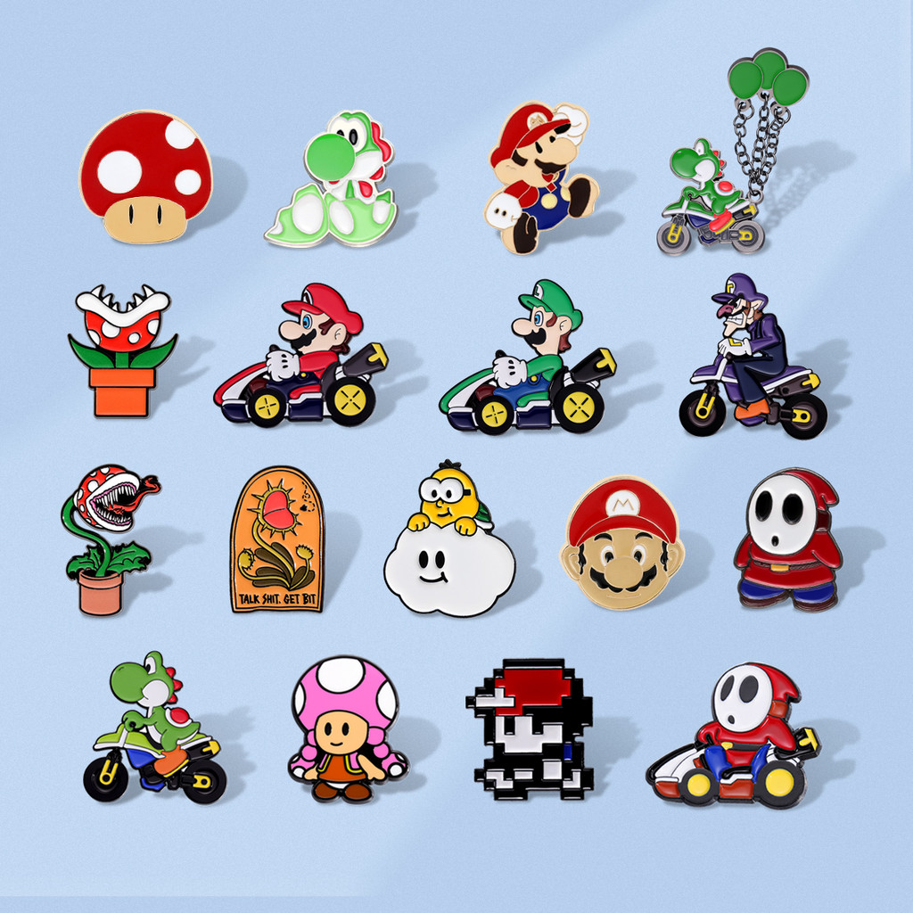 เกม Seuper Mario การ์ตูนตัวอักษรเคลือบ Pin Mario Kart ป้ายโลหะเห็ดเข็มกลัดเสื้อผ้าอุปกรณ์เสริม Pin