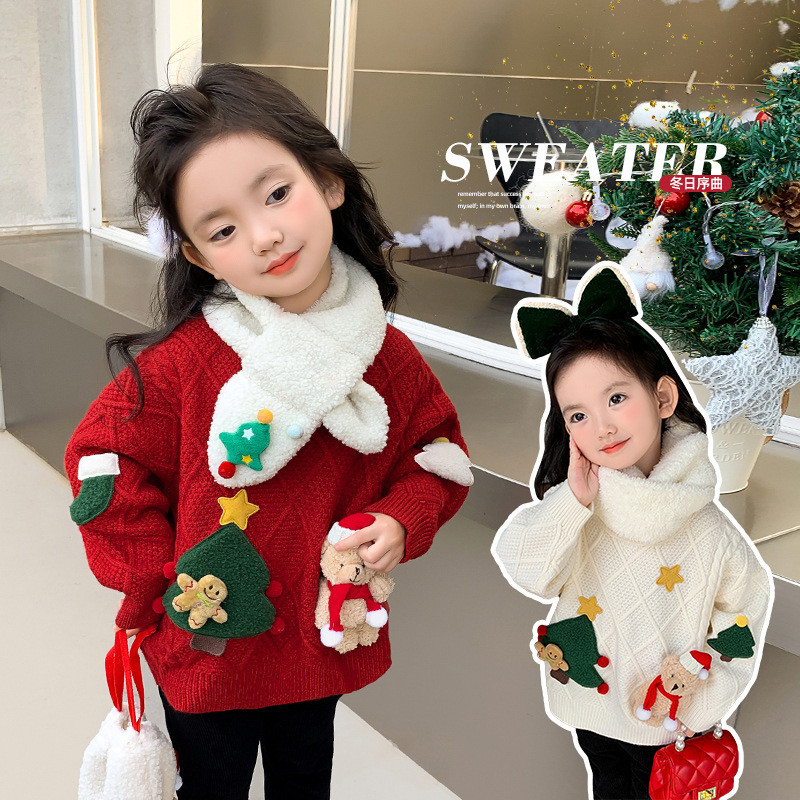 [2-10 ปี] สาวเสื้อกันหนาวคริสต์มาสฤดูใบไม้ร่วงฤดูหนาวสไตล์เด็กสาวบิดตุ๊กตาคริสต์มาสถักเสื้อกันหนาว จุดต่ําสุด เสื้อเด็ก จุดต่ําสุด เสื้อ เอ็กซ์ซี411