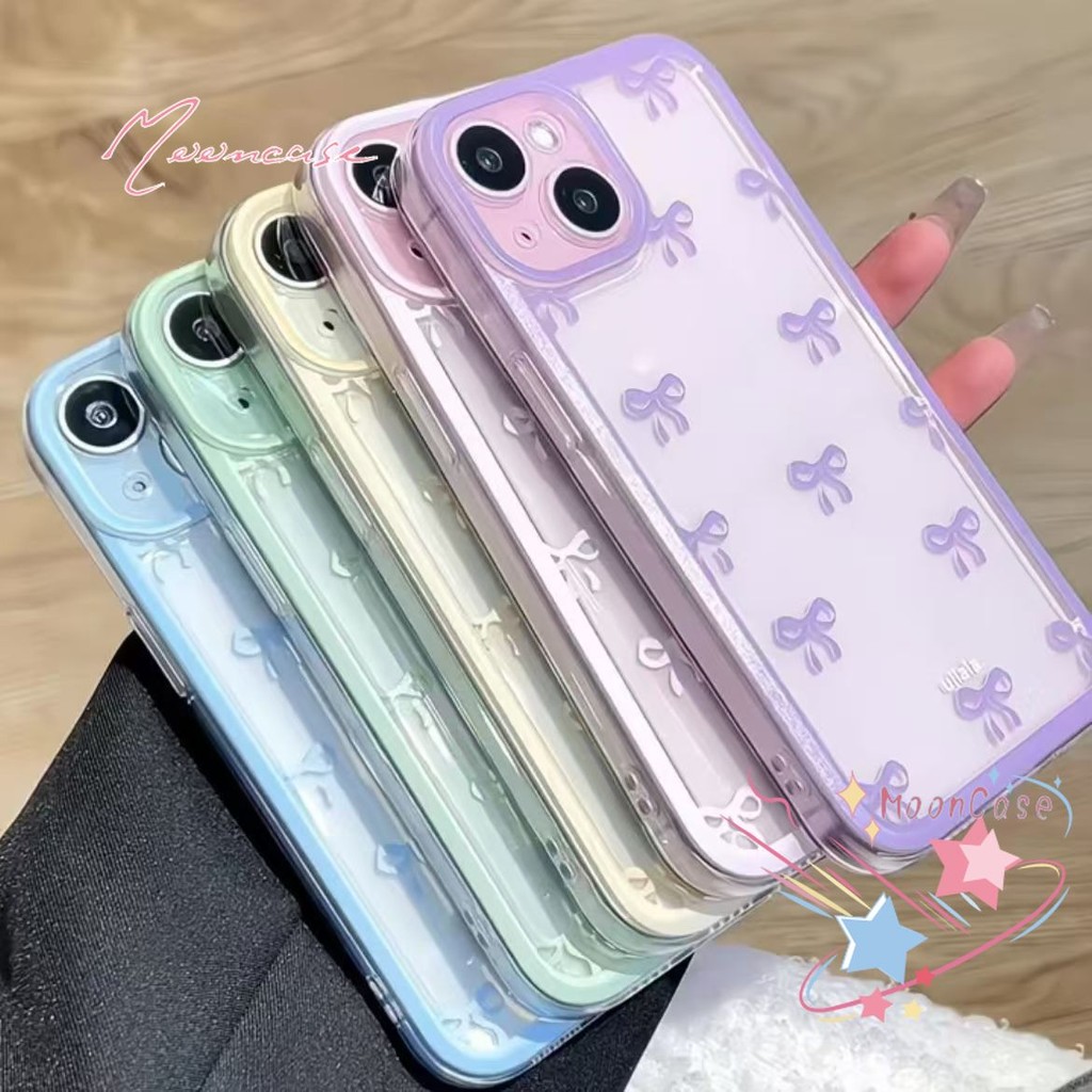เคสไอโฟน สีลูกกวาด โบว์  สำหรับ IPhone 11 12 13 14 16 15 Pro Max X XS XR Max 8 7 Plus SE 2020 เรียบง่าย โปร่งใส เคส