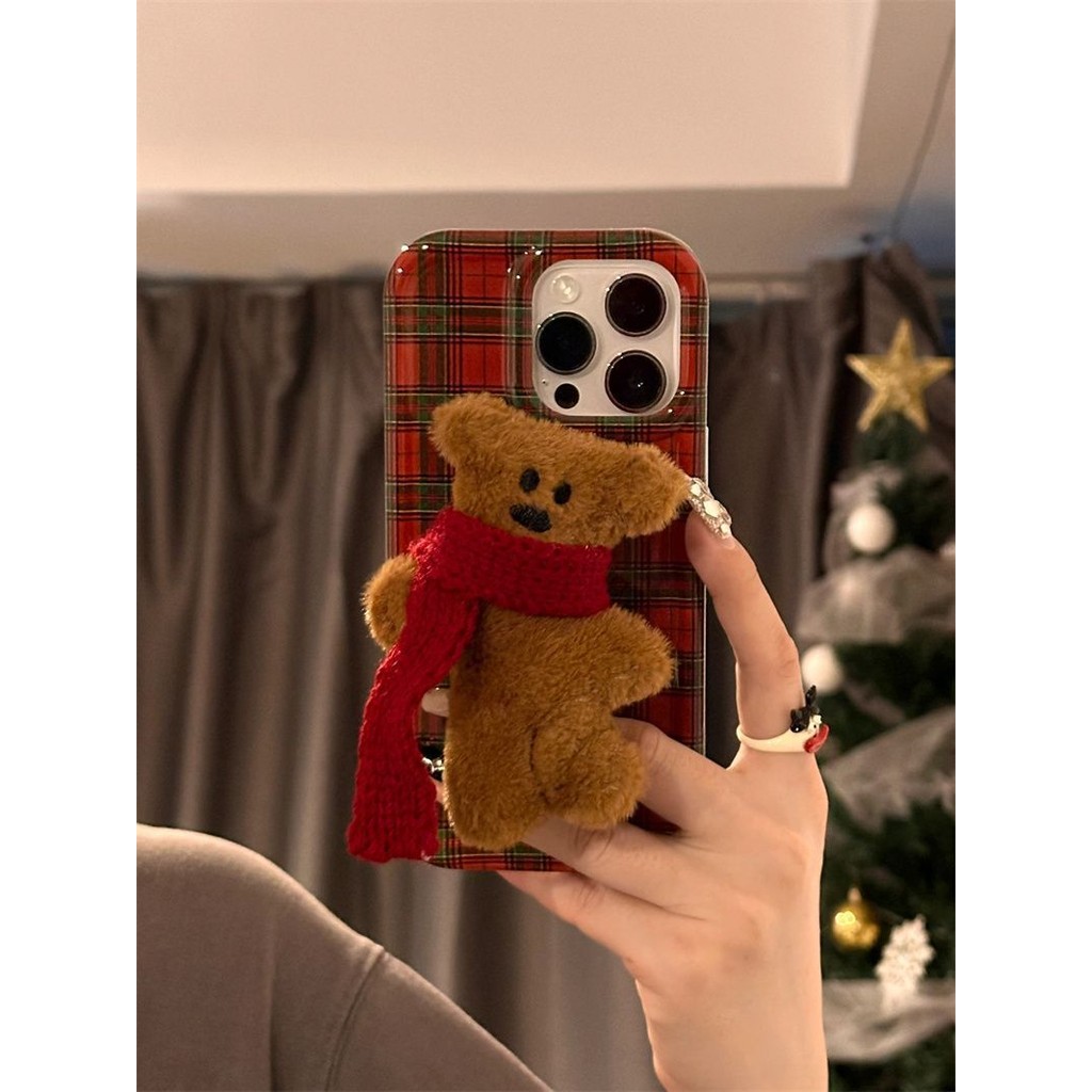 ผ้าพันคอ fuzzy น่ารักหมีเหมาะสําหรับ IPhone 11 12 Pro Max X XR XS Max SE 7 Plus 8 Plus IPhone 13 Pro Max IPhone 14 Pro Max นิ่มเกราะป้องกัน 16promax