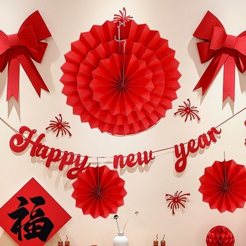6 ชิ้น/เซ็ตปีใหม่สีแดงพับกระดาษพัดลม-บ้านเทศกาลฤดูใบไม้ผลิพรรคแฟนดอกไม้ตกแต่งจี้-ผนังพื้นหลังเครื่องประดับ - รูปที่ 4