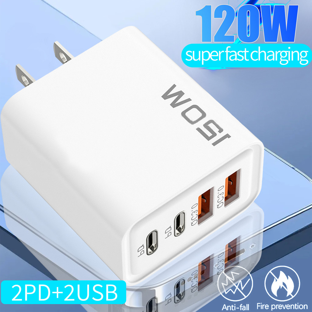 เครื่องชาร์จ USB 3.0 Type C ที่รวดเร็วเป็นพิเศษ 120W - ชุดชาร์จการเดินทางสากล - อะแดปเตอร์ชาร์จโทรศัพท์แท็บเล็ต - EU US UK ปลั๊กเครื่องชาร์จติดผนังพร้อมสาย - บล็อกเครื่องชาร์จ USB-A USB-C 4-C 4-