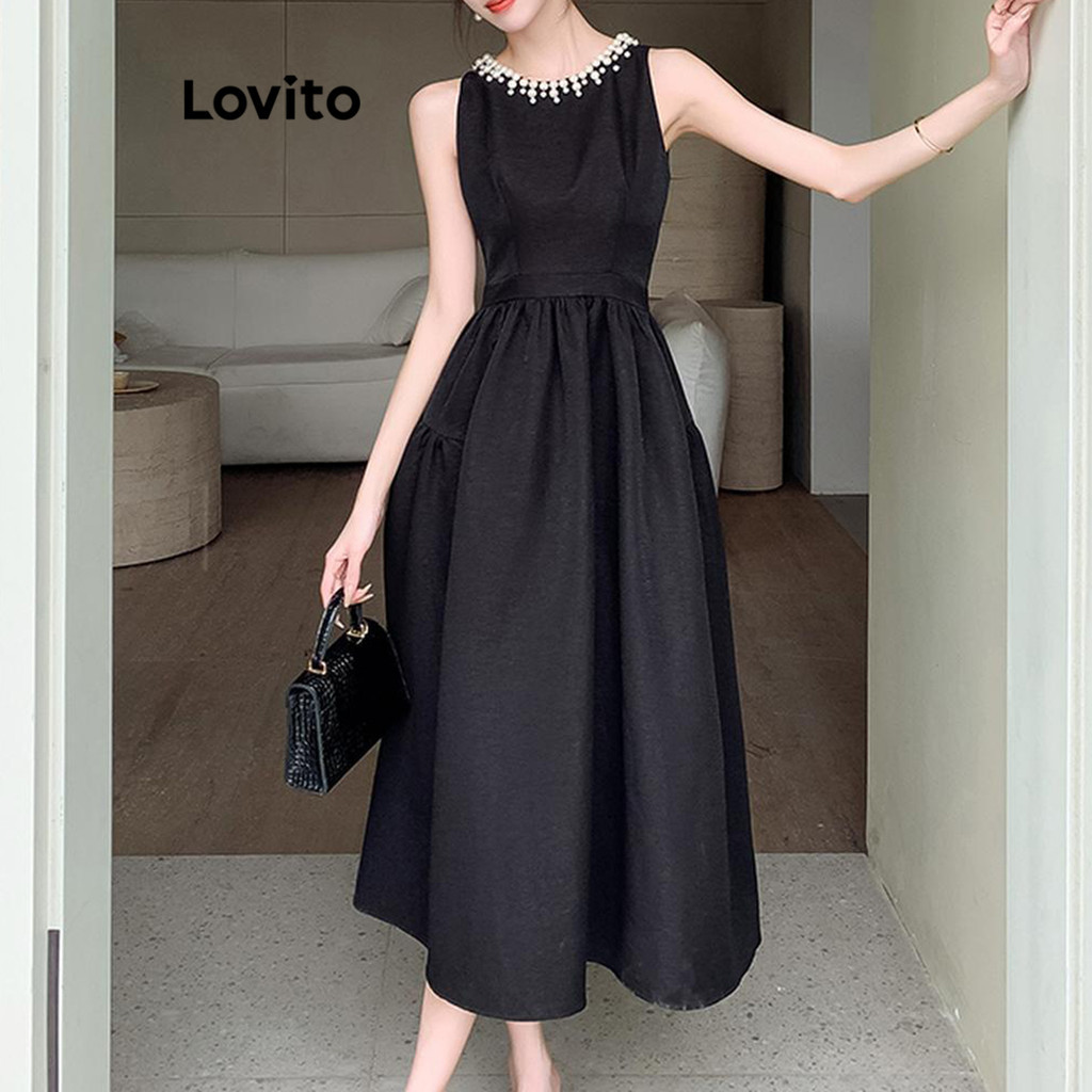 Lovito เดรสผู้หญิง แต่งไข่มุก สีพื้น สไตล์ลำลอง LNM71242