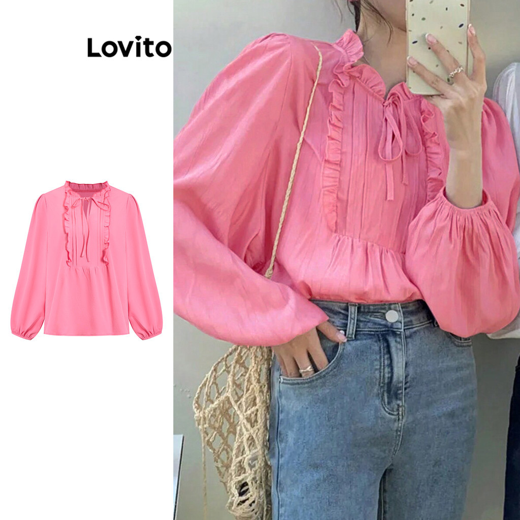 Lovito เสื้อเบลาส์จีบลูกไม้จีบจีบธรรมดาโรแมนติกสำหรับผู้หญิง L101AD182