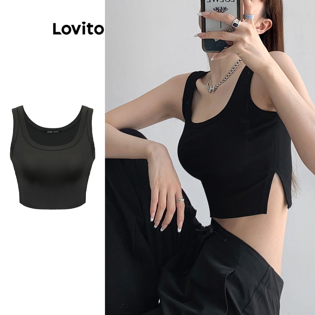 Lovito เสื้อกล้ามผู้หญิง ผ่าด้านหน้า สีพื้น สไตล์วินเทจ L86ED382