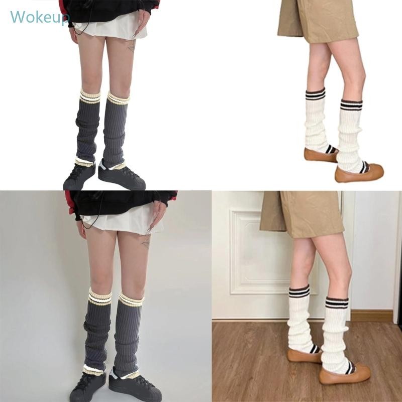 Wake ผู้หญิง Harajuku Ribbed ถักขาอุ่น Preppy Vintage คู่ลาย Slouch ขา Boot Cuffs ยืดยาว Boot S