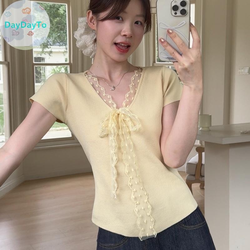 Daydayto Lace Spliced Ropa De Mujer ผ้าพันคอโบว์เสื้อผ้าผู้หญิงถักเสื้อผ้าแขนสั้น V คอ T เสื้อ TH
