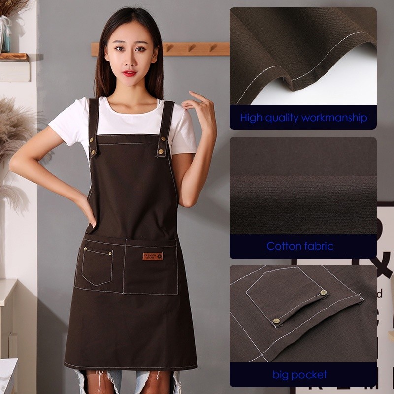 ผ้ากันเปื้อนสไตล์เกาหลีห้องครัว H-Type การออกแบบสายรัด 裙厨房ผ้ากันเปื้อนยีนส์ Unisex พร้อมกระเป๋าด้านห