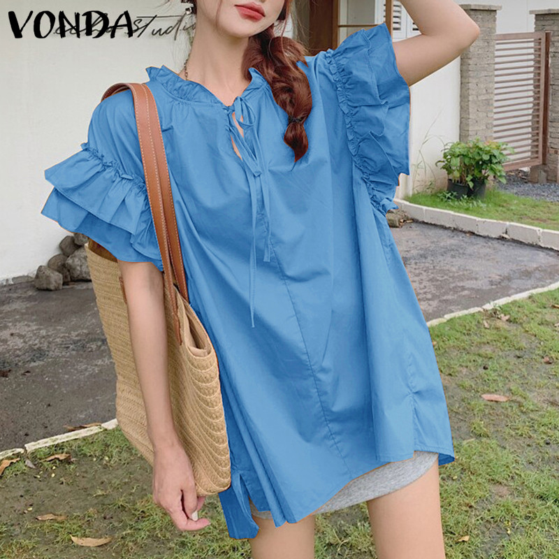 Vonda ผู้หญิงเกาหลีลําลองรอบคอ Ruffle แขนสั้น Lace Up Blouse — صورة 6