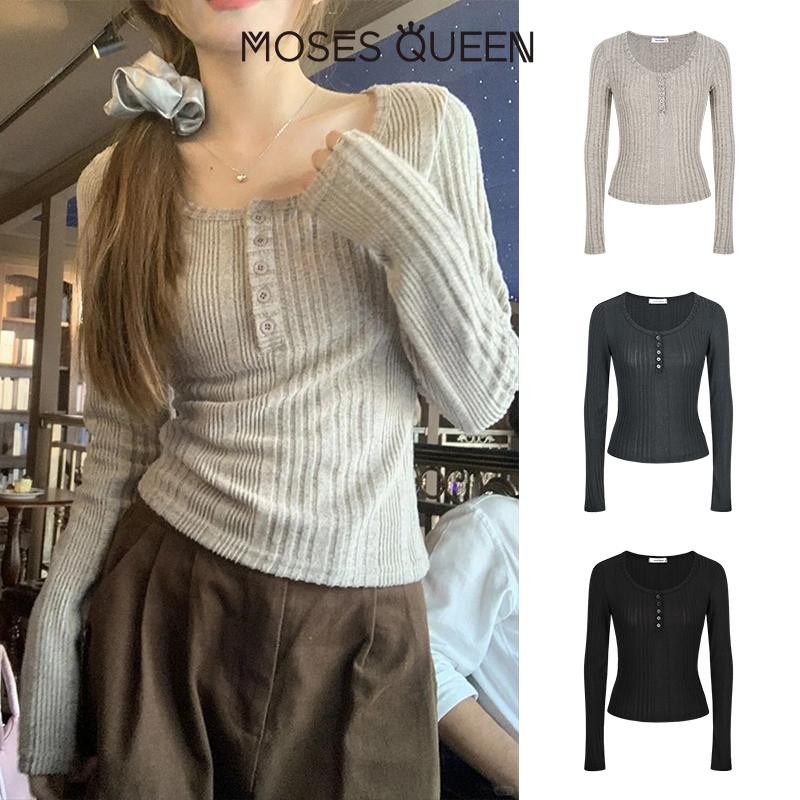 MOSESQUEEN  กึ่งเปิดคอหลุมแถบแขนยาวผู้หญิงเนื้อความรู้สึกใหม่บางและบางด้านใน จุดต่ําสุด สูงสุด #62323