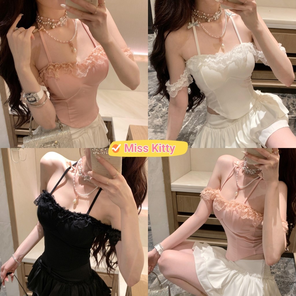 🎀Miss Kitty❤️เสื้อกล้ามแขนตุ๊กตา ยืดกำลังดี ขอบลูกไม้ มีฟองน้ำแต่งสายคล้องคอ "FYL265"