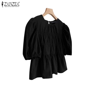 ZANZEA ผู้หญิงเกาหลีสตรีทอินเทรนด์คอกลมแขนโคมไฟจีบเสื้อประกบ