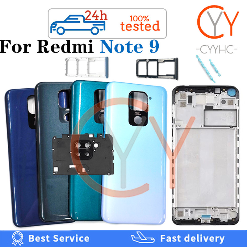 สําหรับ Redmi Note 9 4G ฝาหลังแบตเตอรี่ปุ่มปรับระดับเสียงเปิดปิดปุ่มแบตเตอรี่ฝาครอบประตูด้านหลัง + กรอบด้านหน้า LCD + ถาดซิมเปลี่ยนการ์ด