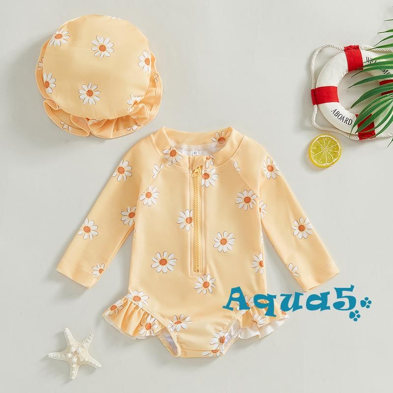 Aqq-ชุดว่ายน้ําเด็กผู้หญิงแขนยาวดอกไม้พิมพ์zippedบิกินี่พร้อมหมวกชุดว่ายน้ําทารกแรกเกิดสําหรับชุดว่ายน้ําฤดูร้อน