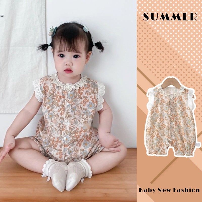 ฤดูร้อนใหม่เสื้อผ้าเด็กหญิงแขนกุดขอบลูกไม้บอดี้สูท0-24เดือนเด็กสบายระบายอากาศสุดน่ารักเจ้าหญิงลมดอกไม้ ชุดรอมเปอร์ สไตล์เกาหลี