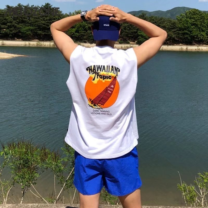 เทียนเลซีเว่ย เสื้อกั๊กผู้ชายฤดูร้อนผู้ชายหลวมพิมพ์เสื้อกั๊กกีฬาแฟชั่นแบรนด์